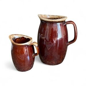 Hull Pottery Brown Drip Glaze Pitcher Set, Water and Creamer.